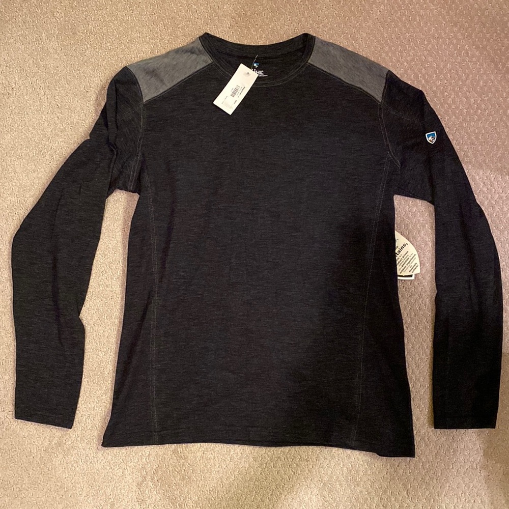 Kuhl, mens medium, long sleeve tee, charcoal gray with light gray shoulders